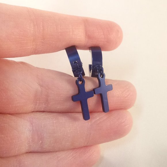 Mens Blue Stainless Steel Cross Hoop Huggie Dangle Earrings 14mm Party Gift - Picture 3 of 4